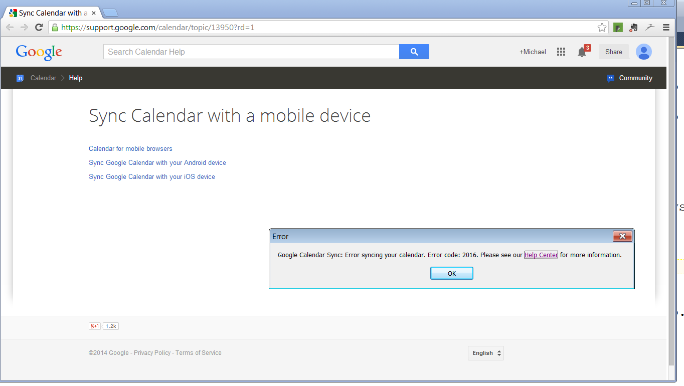 An unhelpful message from Google Calendar Sync