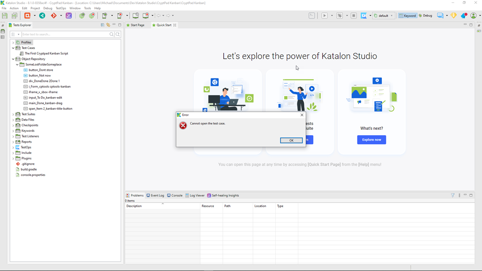 On attempting to open a saved "test case", Katalon can