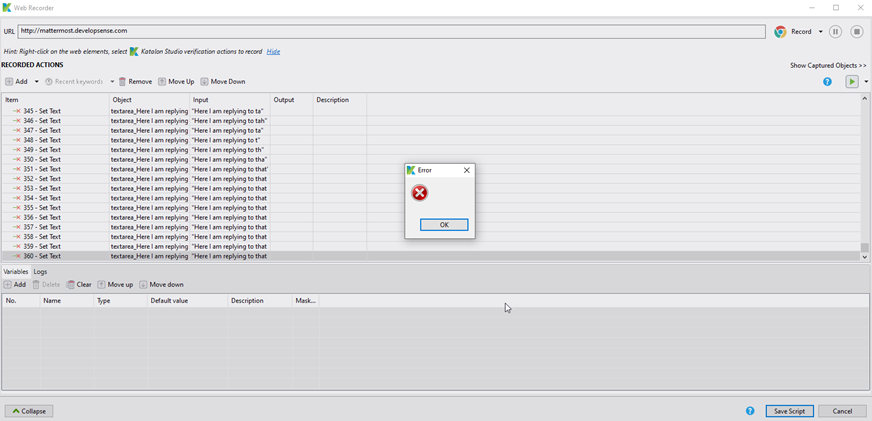 On attempting to save the script, Katalon crashes with an empty error dialog.