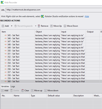 Katalon records a "Set Text" step for every keystroke.