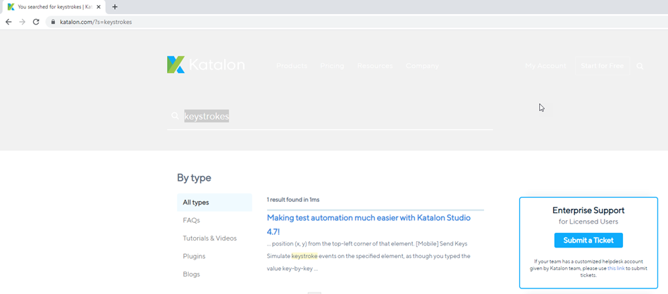 Katalon Support Search: White text on a white background.