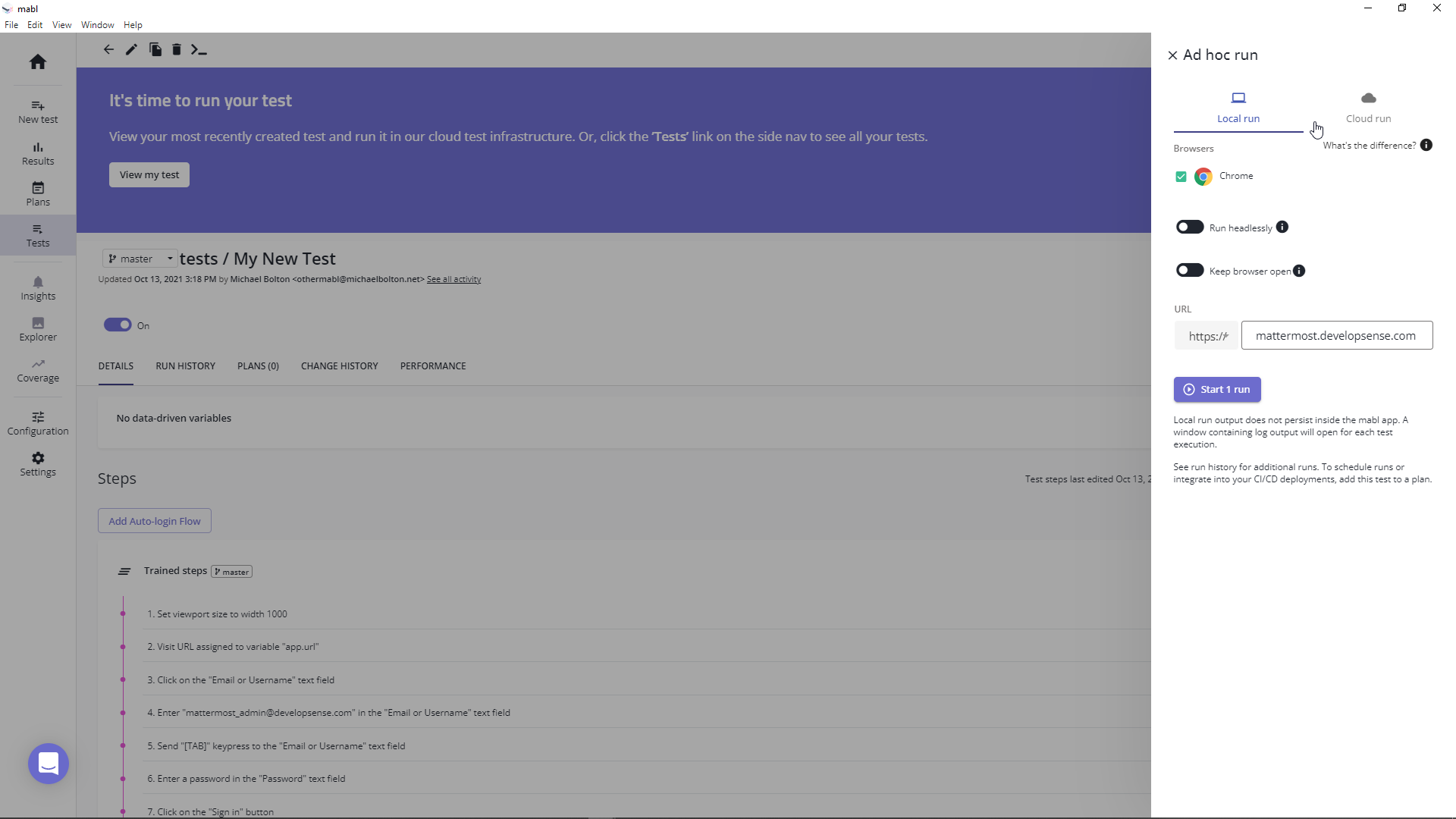 mabl Start Run dialog